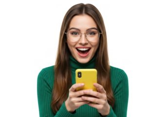 Young woman wearing glasses holding a yellow smartphone isolated on transparent background