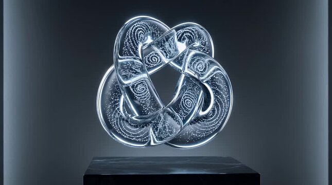 Topological Pi Pretzel Torus Knot Glass Sculpture Suspended Over Dark Plinth, Spiral Microbubble Path and Concentric Loops