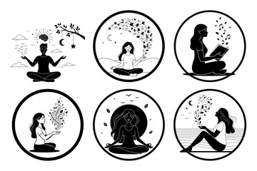 Mental Health Journey from Depression to Hope and Freedom - Black and White Mindfulness Illustration Set
