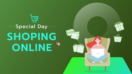 Online Shopping Illustration with Woman Using Laptop, E-commerce Concept on Green Background