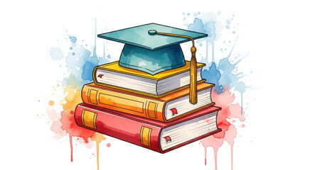 A watercolor painting of three stacked books with a graduation cap on top