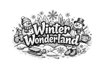 Obraz premium Whimsical winter wonderland with snowmen and snowflakes in pen drawing style