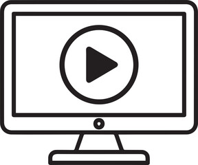 Computer monitor displaying a play button icon on its screen in a simple graphic illustration