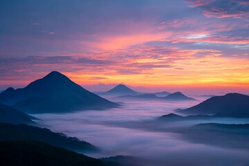 Sunrise over mountains with mist covering valleys during early morning hours