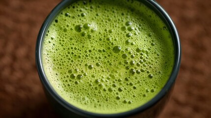 Close up overhead view of vibrant green matcha tea with thick froth in a dark ceramic cup