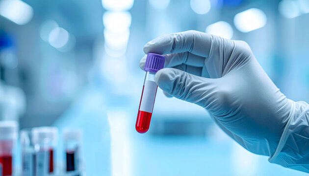 Hand in protective medical glove holding blood sample test tube with label, healthcare and medicine