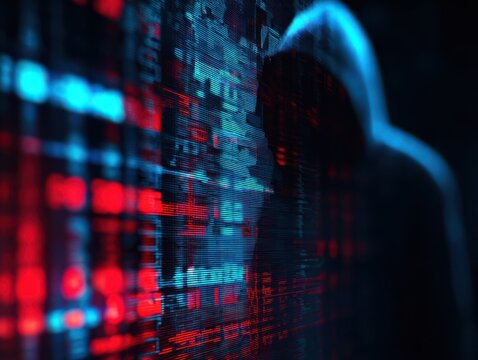 hooded figure partially visible in neon glow with red and blue binary code creating cyberpunk feel and space on left for text overlay concept of hacking cybersecurity digital mystery - Powered by Adobe