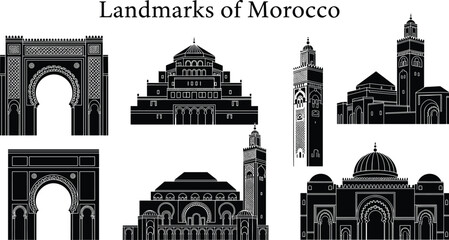 Landmarks of Morocco vector illustration, iconic Islamic architecture silhouettes, famous mosques and minarets, cultural heritage skyline design for travel tourism branding