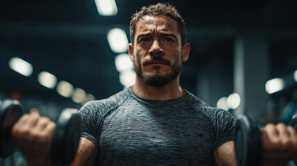 Man lifts dumbbells in a gym during workout session on weekday evening in close-up view