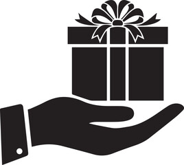 A hand holding a gift box with a bow on top, viewed from the side in a simple graphic illustration