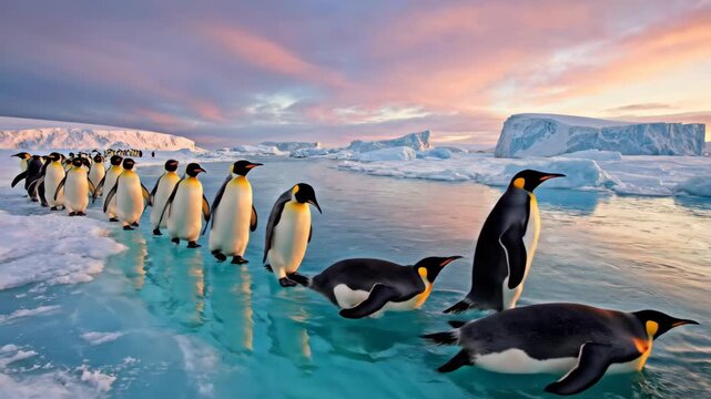 Penguins Walking on Ice Floe in Antarctica.