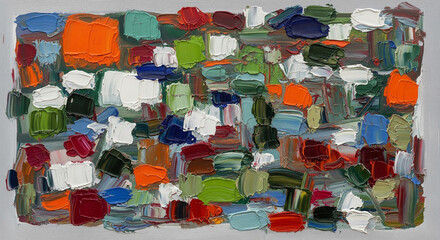 An abstract oil painting composition featuring a dense arrangement of layered brushstrokes in a rectangular format