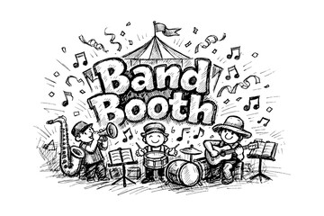 Hand drawn band performance at festival with musical instruments and sketchy style