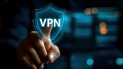 A hand touches a holographic shield displaying "VPN," symbolizing digital security and online privacy.