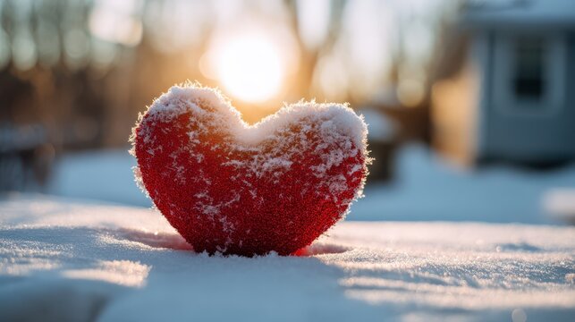 Red heartshaped object in the snow during winter sunset symbolizing love and warmth