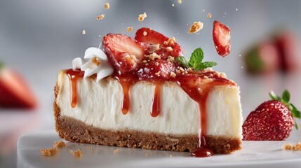 A delicious slice of cheesecake topped with strawberries, caramel, and whipped cream, presented on a sleek plate with a fresh mint garnish.
