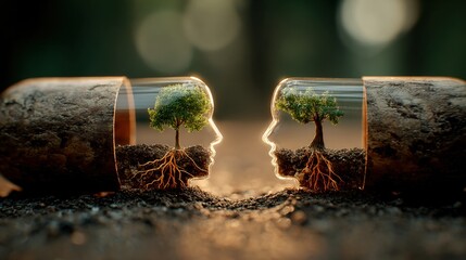 Two glass capsules containing faces with trees growing from their roots symbolize connection to nature and environmental consciousness.