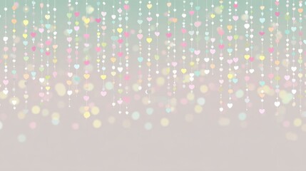 A soft, pastel background features hanging hearts and colorful bokeh, creating a whimsical and romantic atmosphere.