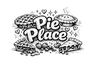 Delicious pie place: hand-drawn dessert designs with berries and hearts