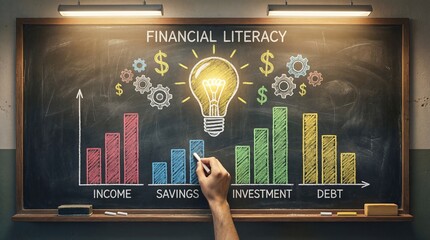 Financial Literacy Concept on Blackboard with Income Savings Investment and Debt