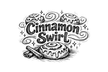 Hand drawn cinnamon roll design with decorative elements and typography