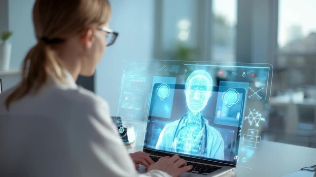 A woman in a white coat interacts with a holographic medical display showing a human skeleton and organs. Innovative digital tools transform healthcare and improve diagnostic accuracy