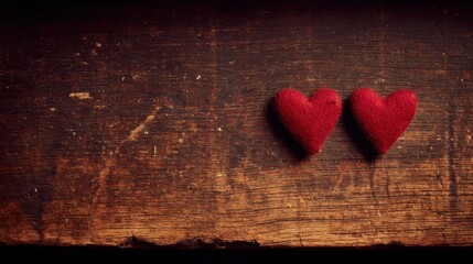 Two red felt hearts placed on a rustic wooden surface, evoking feelings of love and warmth.