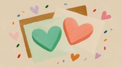 A playful illustration featuring two colorful hearts on paper with scattered smaller hearts, conveying a sense of love and affection.