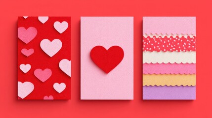 Colorful heart-themed cards with various textures and patterns, perfect for expressing love and affection on special occasions.