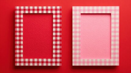 Two decorative picture frames in red and pink checkered patterns, set against a vibrant red background.