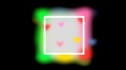 A colorful, blurred background features heart shapes inside a white frame, creating a whimsical and romantic atmosphere.