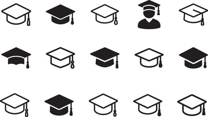 Minimalist line art graduation cap icon set in vector style for education, school, university, and UI design. © Mst.Atina