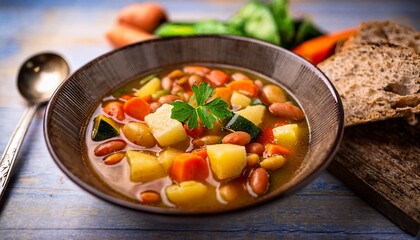 delicious vegetable soup minestrone style with vibrant carrots potatoes zucchini and beans served alongside fresh crusty bread a healthy warm and comforting rustic meal