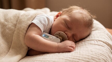 sleeping caucasian newborn baby holding digital thermometer with normal temperature. infant resting with pacifier under beige knitted blanket. childcare, health monitoring. medical pediatric brochure