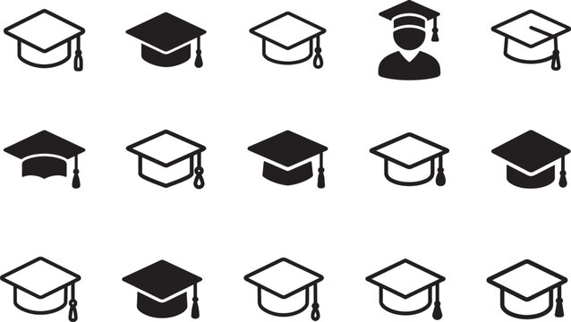 Minimalist line art graduation cap icon set in vector style for education, school, university, and UI design.