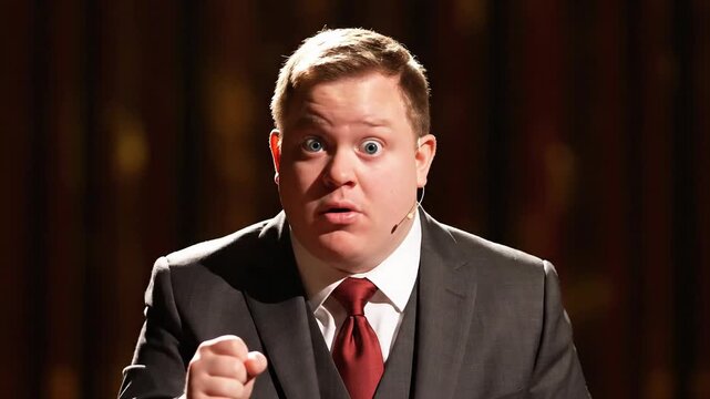 A Person in a Formal Suit Expressing Wide-Eyed Surprise and Strong Emotional Reactions
