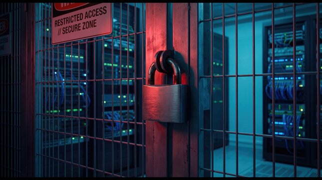 Restricted Access Secure Zone Sign And Padlock On Server Room Gate 3D Render - Powered by Adobe