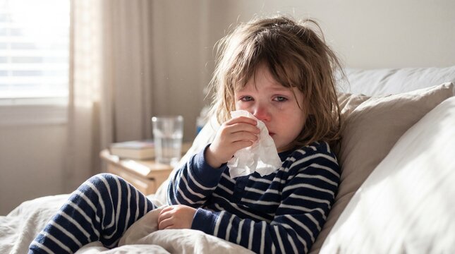 sick caucasian boy sitting in bed holding tissue. child suffering from cold, flu or allergy. sad kid with runny nose. healthcare concept. banner, website header with copy space.