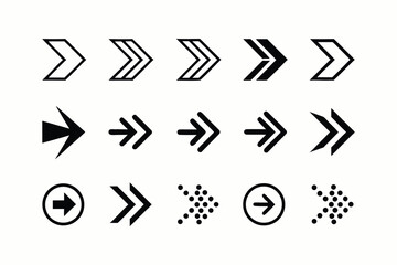 Arrow icon set. Arrow. Cursor. Black vector arrows icons. Collection different arrows sign. Modern simple arrows. Black arrow pointing to the right. Black direction pointer. Vector illustration.