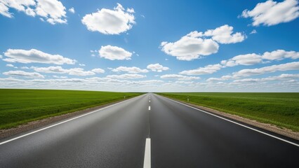 Fototapeta premium Straight asphalt road through green fields under a blue sky with white clouds