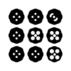 Set of 9 black flower or button icons with white dots on a white background, graphic design elements