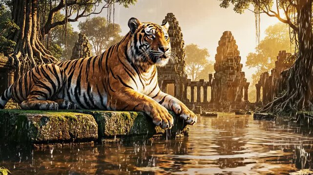 Tiger Relaxing Near Ancient Temple Ruins Water.