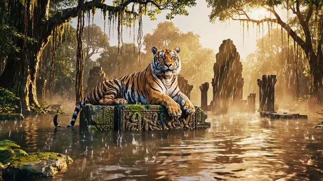 Tiger Relaxing on Ancient Stone Structure.
