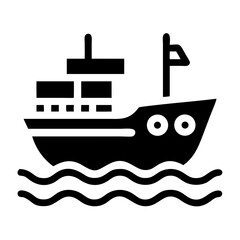 Obraz premium Cargo Ship Icon on Ocean Waves, Shipping Container Transport Vessel, Maritime Logistics, Industry Vector Art