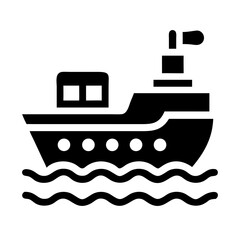 Obraz premium Black Silhouette of a Tugboat on Wavy Water with Flag, Simple Nautical Vector Icon