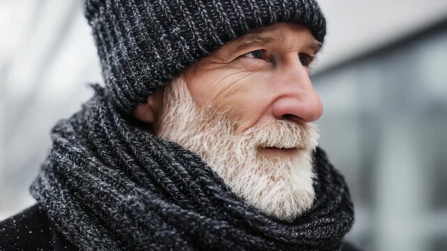 Close up of a senior man dressed warmly in a woolen hat and scarf, standing outside on a cold snowy day. His serene expression reflects wisdom and peaceful contemplation