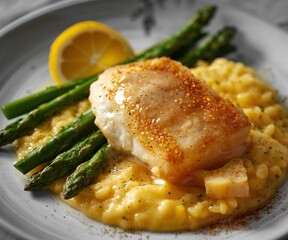 Juicy pike-perch fillet with fresh lemon butter sauce, tender asparagus and creamy saffron risotto. A light yet elegant main course with balanced flavours.