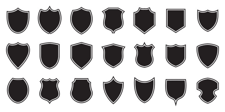 Collection of shield vector icons, black outline shapes against white. Emblem protection security design