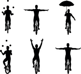 Silhouette set of a professional circus performer riding a unicycle while juggling balls, holding an umbrella, and balancing with arms. © MD Anas