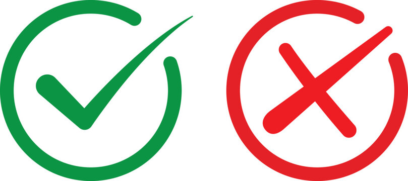 yes and no vector icon, Approved disproved icon, on and off symbols, Green checkmark and red cross symbols for approval and rejection status transparent background